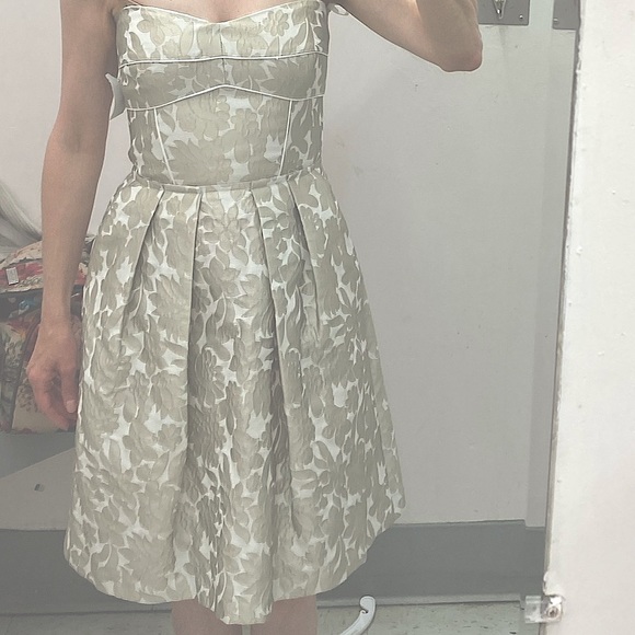 Strapless mini dress cream taupe brocade Cynthia Steffe - Picture 2 of 11